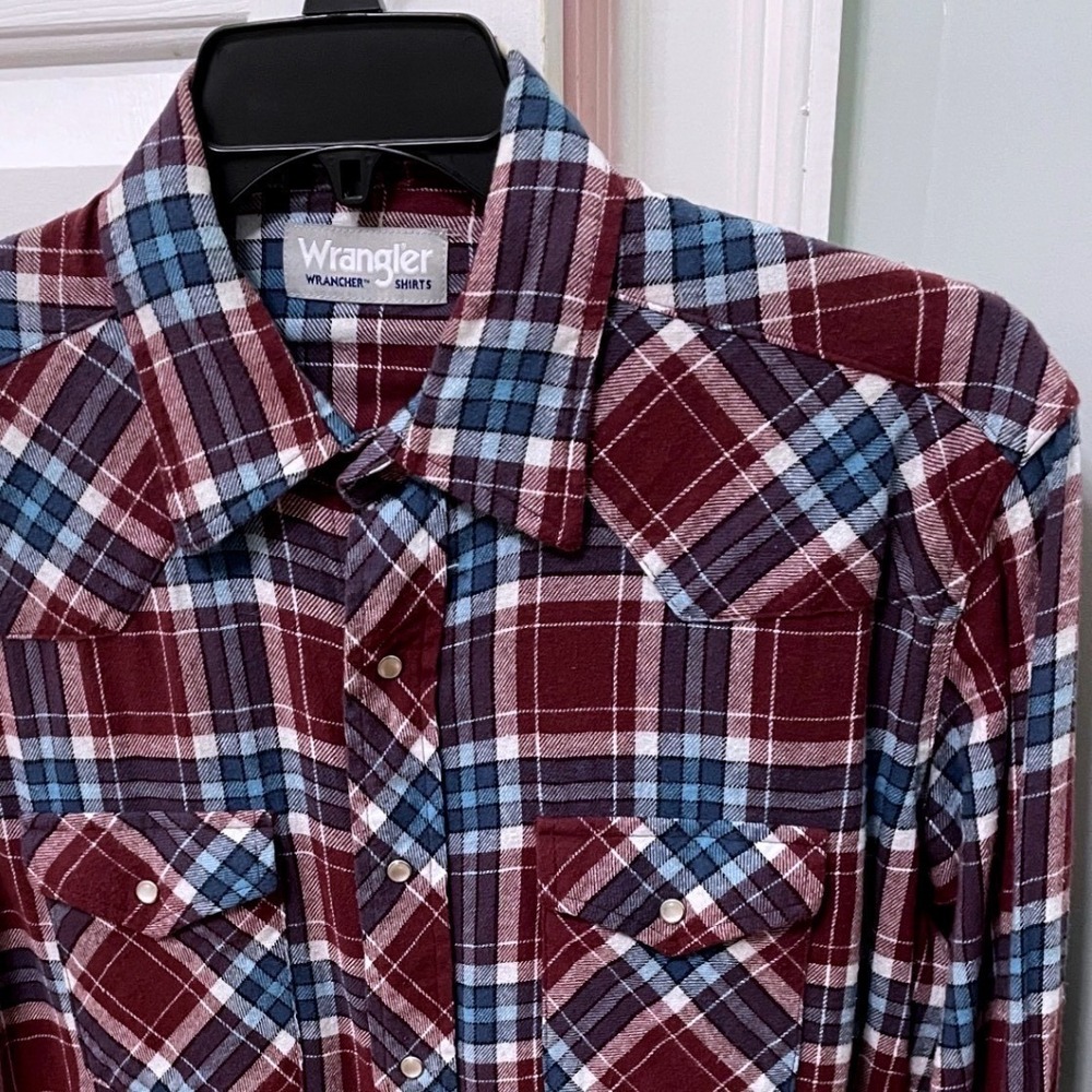 Wrangler Wrancher Men Large Western Pearl Snap Plaid Flannel Shirt Burgundy Blue